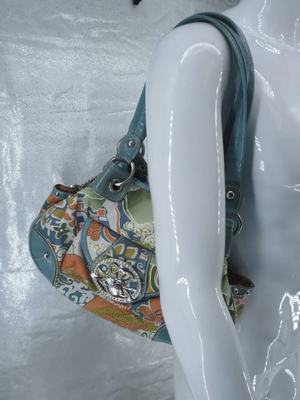 Vintage Kathy Van Zeeland Y2K Floral Hobo Satchel Bag Rhinestone Crown Logo Teal